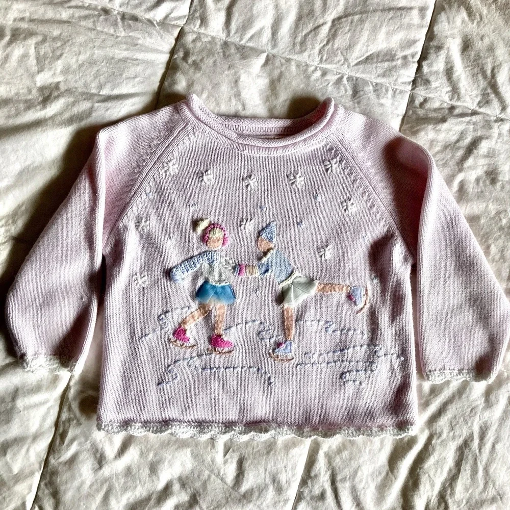 Vtg Embroidered Sweater 3D Girls Ice Skating Pink 2T Cotton Ramie Winter Snow